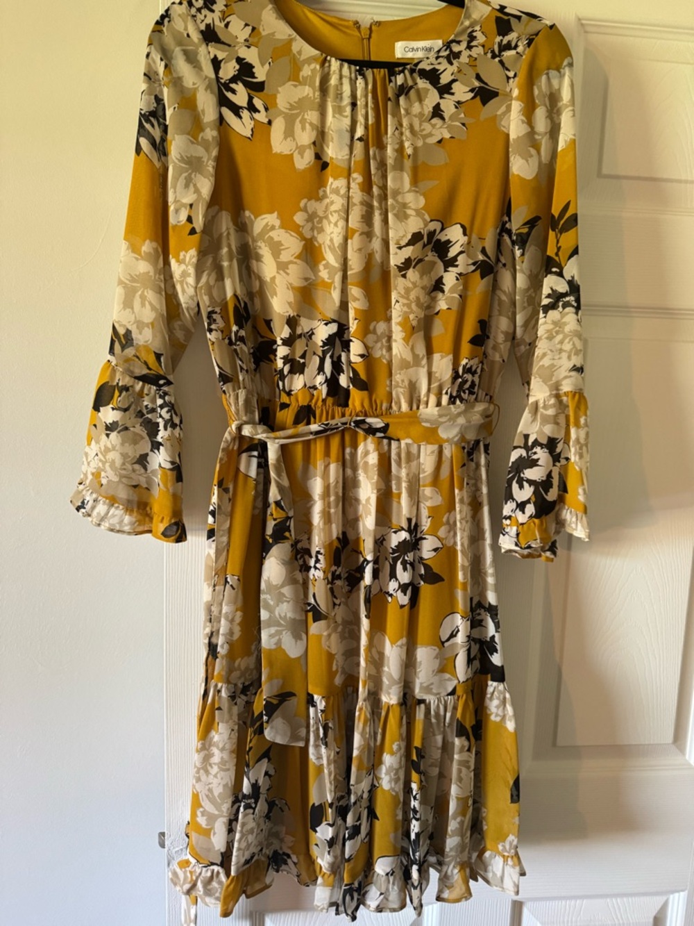 Calvin Klein Mustard Floral Belted Midi Dress with Cream & Black Blooms